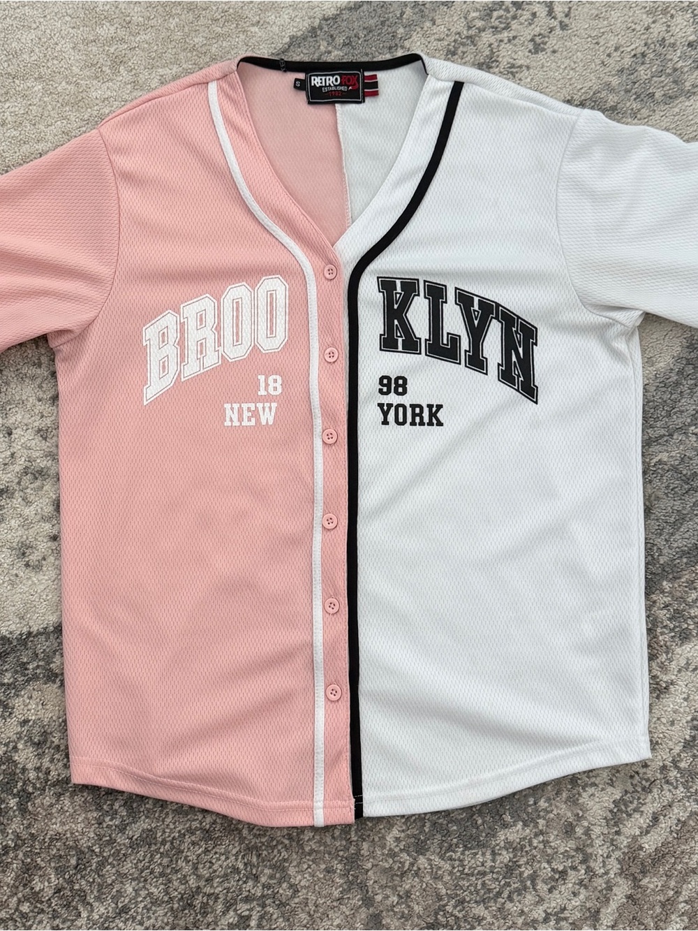 Retro Fox Brooklyn Split Color Baseball Jersey Pink White Small